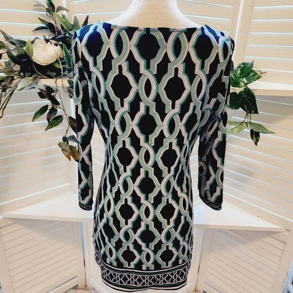WHITE HOUSE BLACK MARKET GEOMETRIC TEAL/BLACK SHIFT DRESS SIZE SMALL - Picture 3 of 7